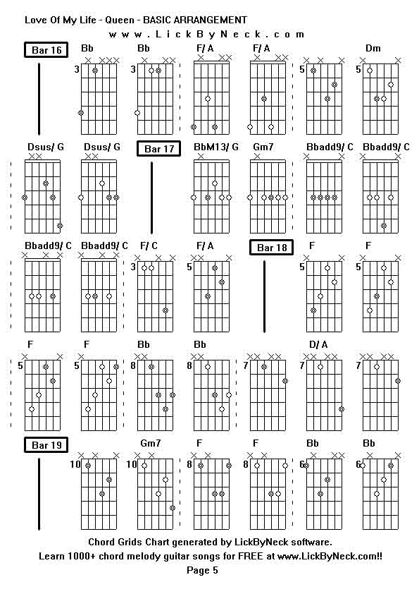 Chord Grids Chart of chord melody fingerstyle guitar song-Love Of My Life - Queen - BASIC ARRANGEMENT,generated by LickByNeck software.